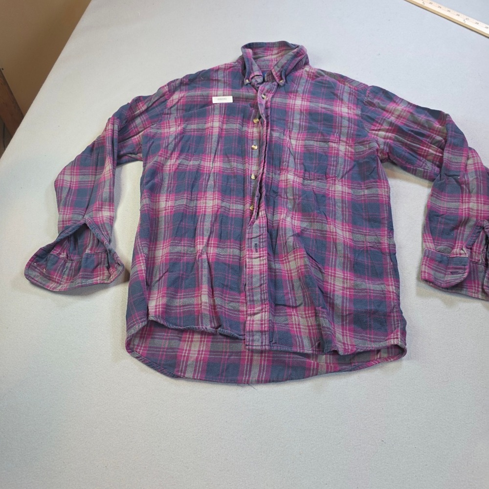 Towncraft Mens Plaid Flannel Shirt Blue Magenta Distressed Vintage Style Medium